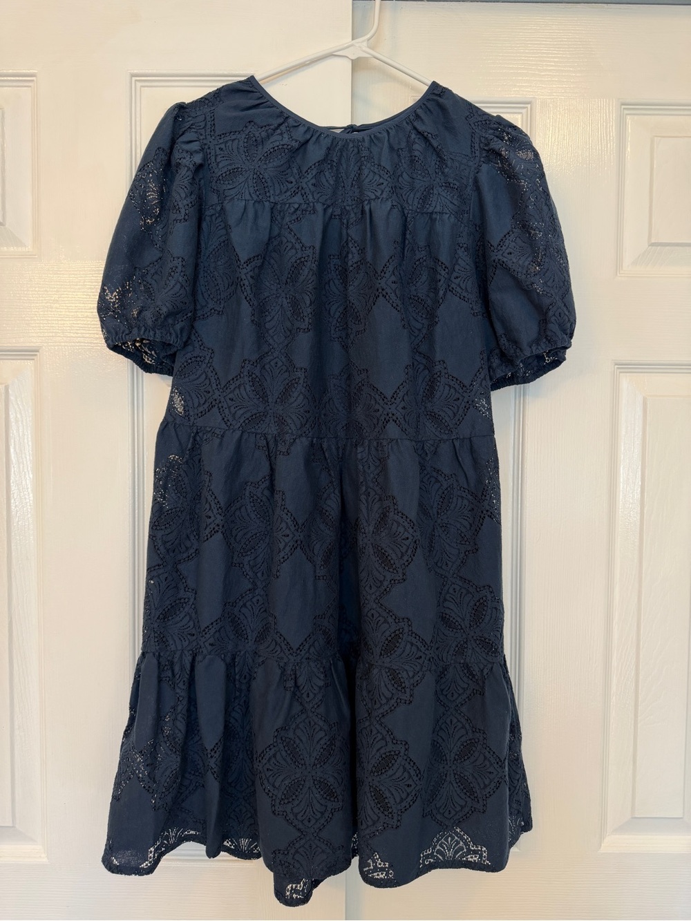 Adelyn Rae Navy Eyelet Puff-Sleeve Tiered Mini Dress